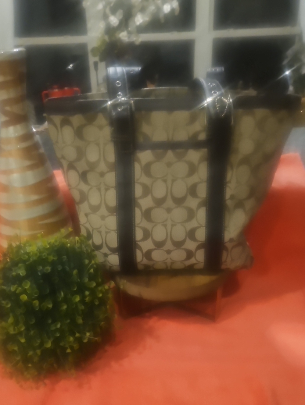 Coach Beige Signature Canvas Tote with Dark Brown Straps